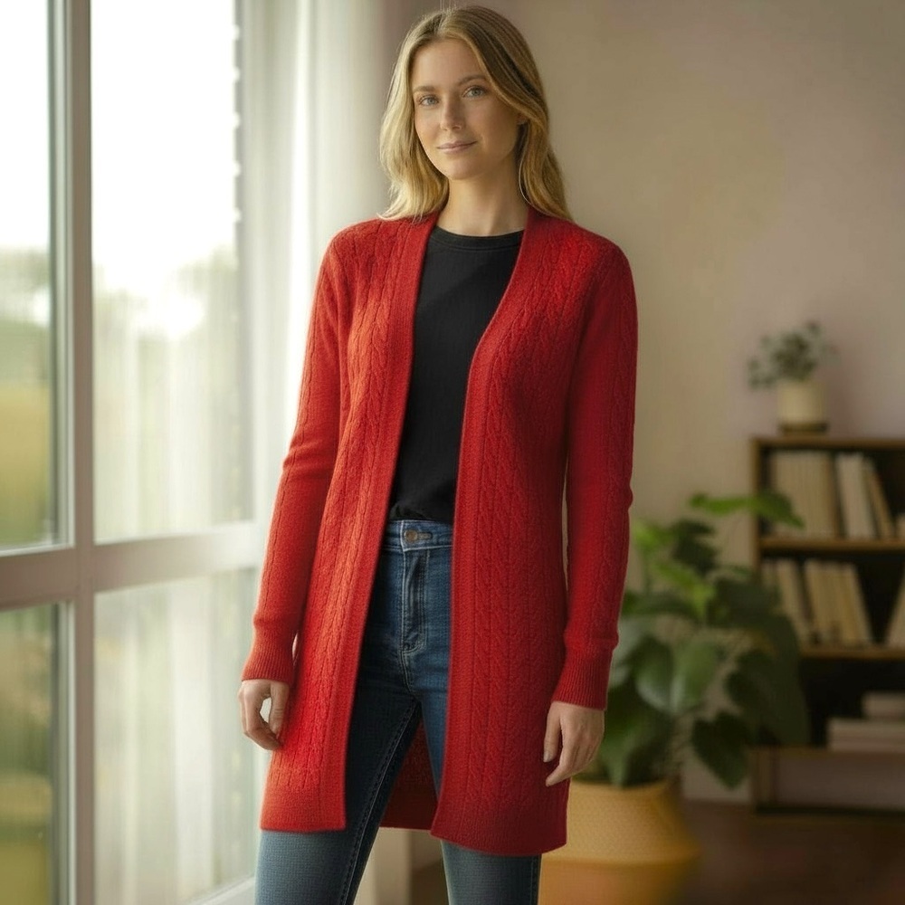 Red 100% Cashmere Cable Knit Cardigan Lightweight Sweater Open Front Long Slim S